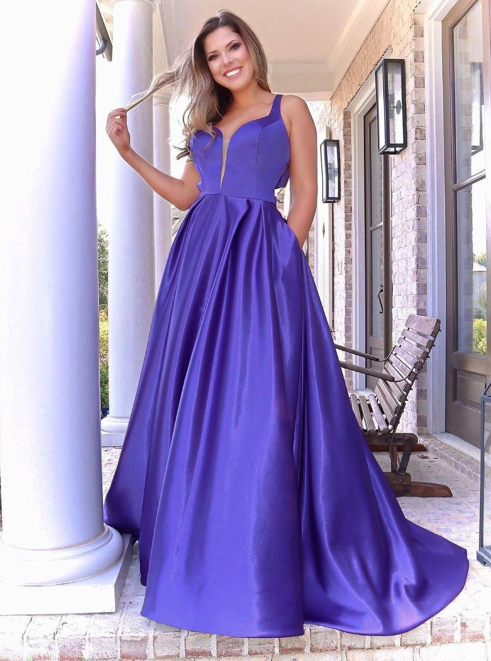 Chic A-line Straps Sleeveless Back Bow Long Prom Dresses