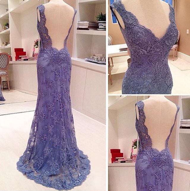 2022 New Style Custom Mermaid V-Neck Sleeveless Open Back Blue Lace Evening Dresses JS11