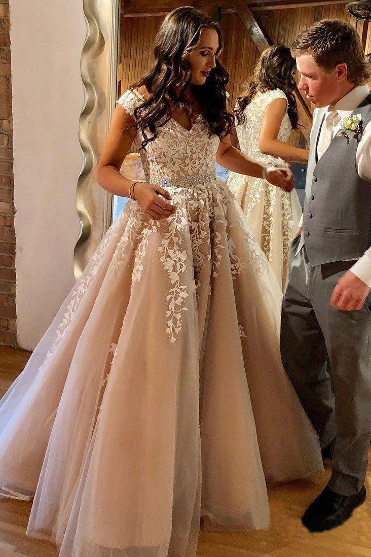 A Line Cheap Nude Quinceanera Dress Lace Appliques Cap Sleeve Beaded Prom Dresses SSM238