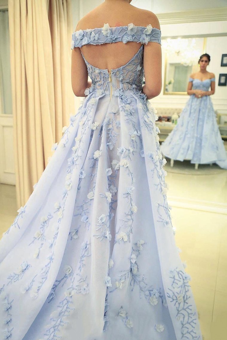 Exquisite Prom Dresses Off The Shoulder Organza With Beads And Handmade Flower