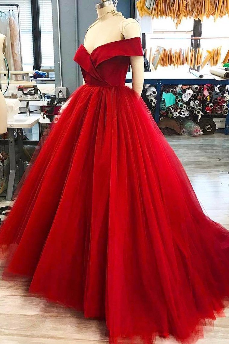 Off The Shoulder Tulle A Line Sweep Train Prom Dresses