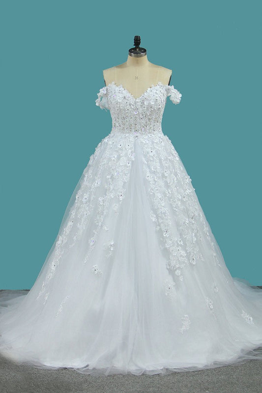 Tulle A Line Off The Shoulder With Applique And Beads Court Train Wedding Dresses