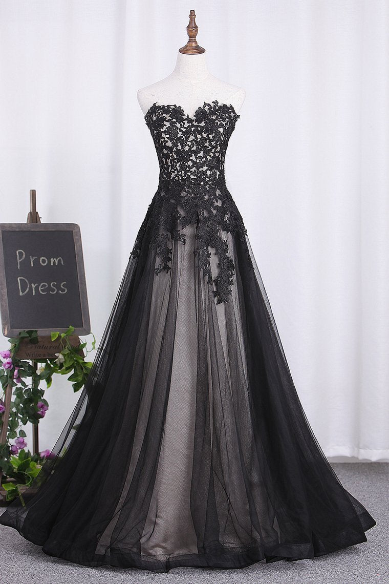 Sweetheart A Line Black Prom Dresses Tulle With Applique Floor Length