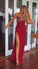 2022 A-Line Red Long Sheath Lace Spaghetti Straps Split Front Sweetheart Prom Dresses JS481