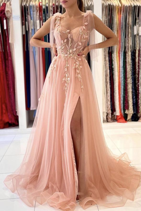 A line Tulle Sweetheart Pink Formal Evening Dresses Long Prom Dresses