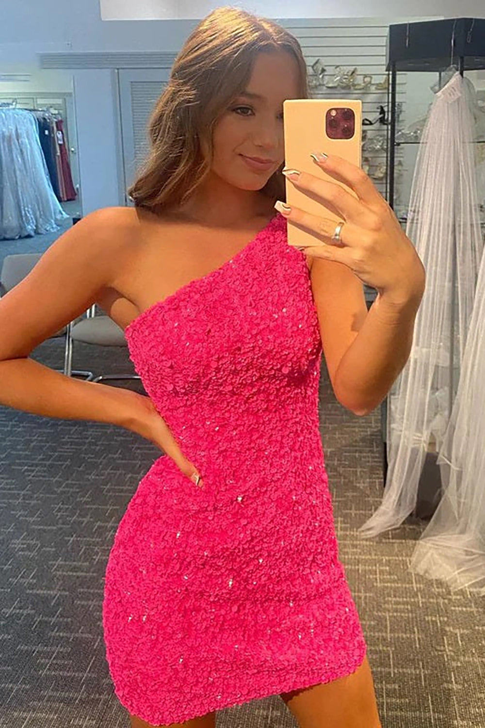 Cute Hot Pink One Shoulder Sequins Short Homecoming Dresses