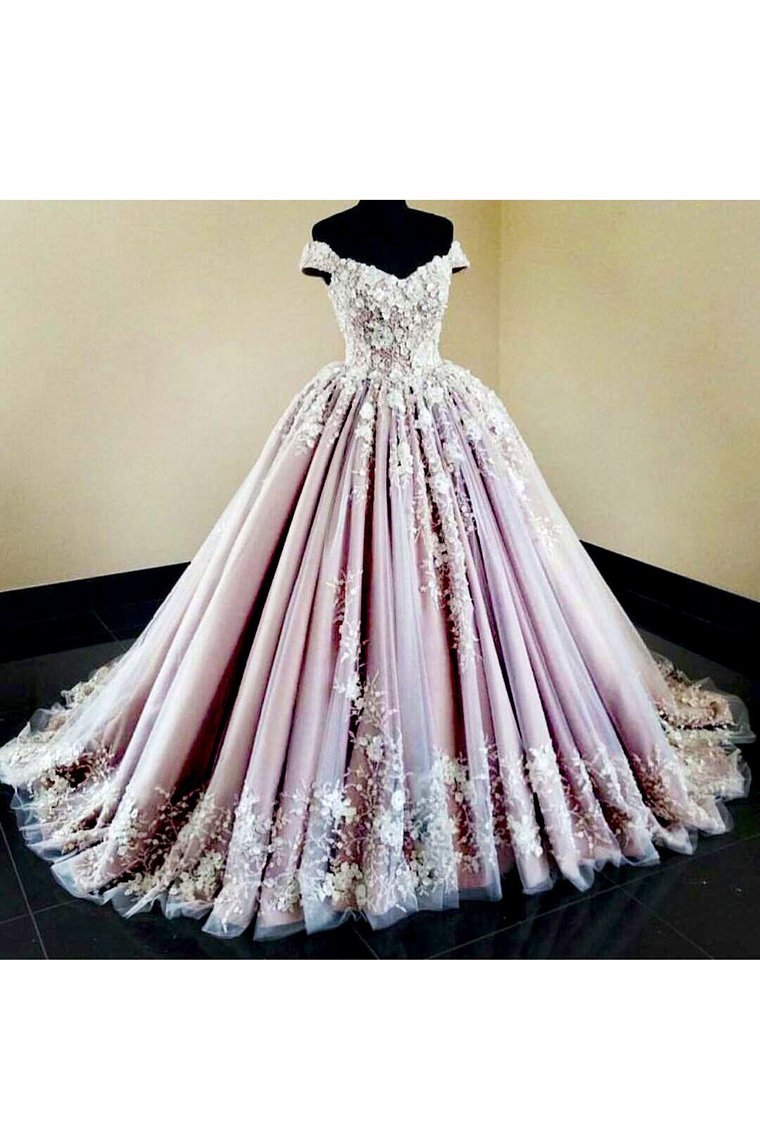Tulle Off The Shoulder Prom Dresses With Applique Ball Gown Sweep Train