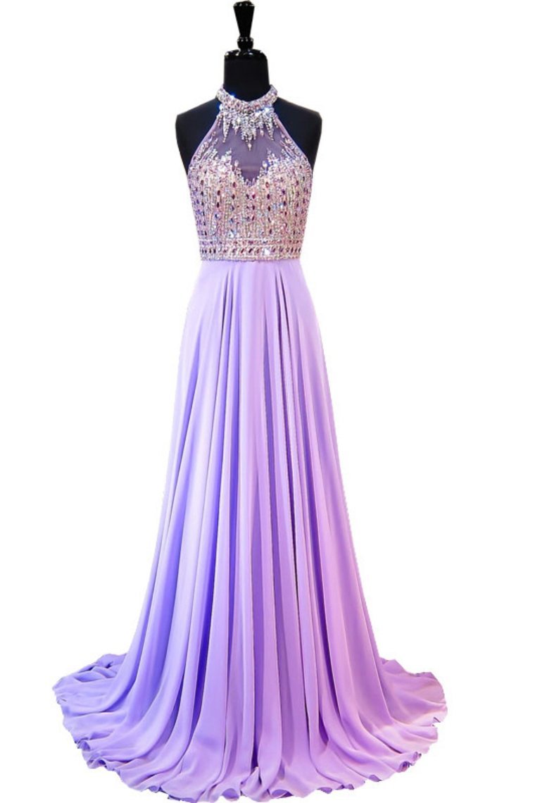 2021 Sexy Open Back Halter Prom Dresses With Beading Chiffon Sweep Train