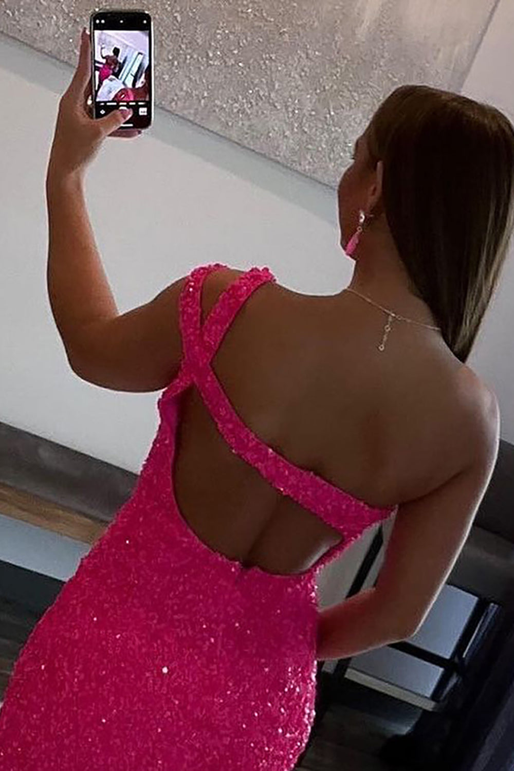 Cute Hot Pink One Shoulder Backless Sequins Short Homecoming Dresses