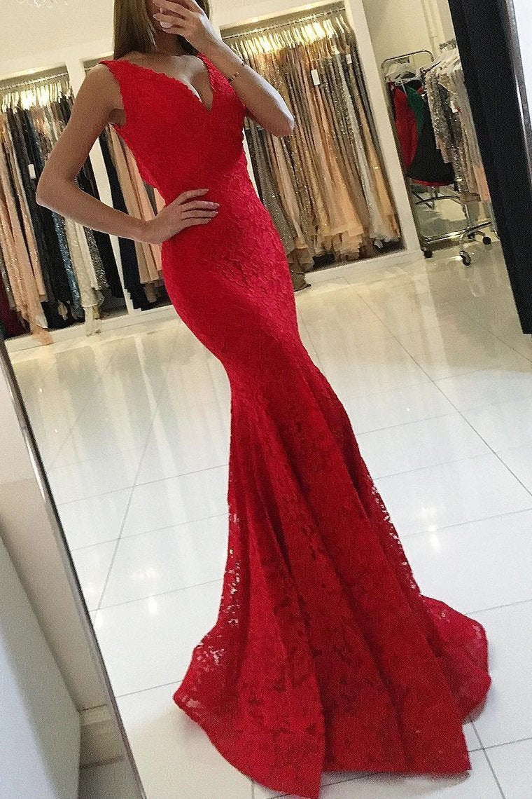 V Neck Prom Dresses Mermaid Lace With Applique Sweep Train