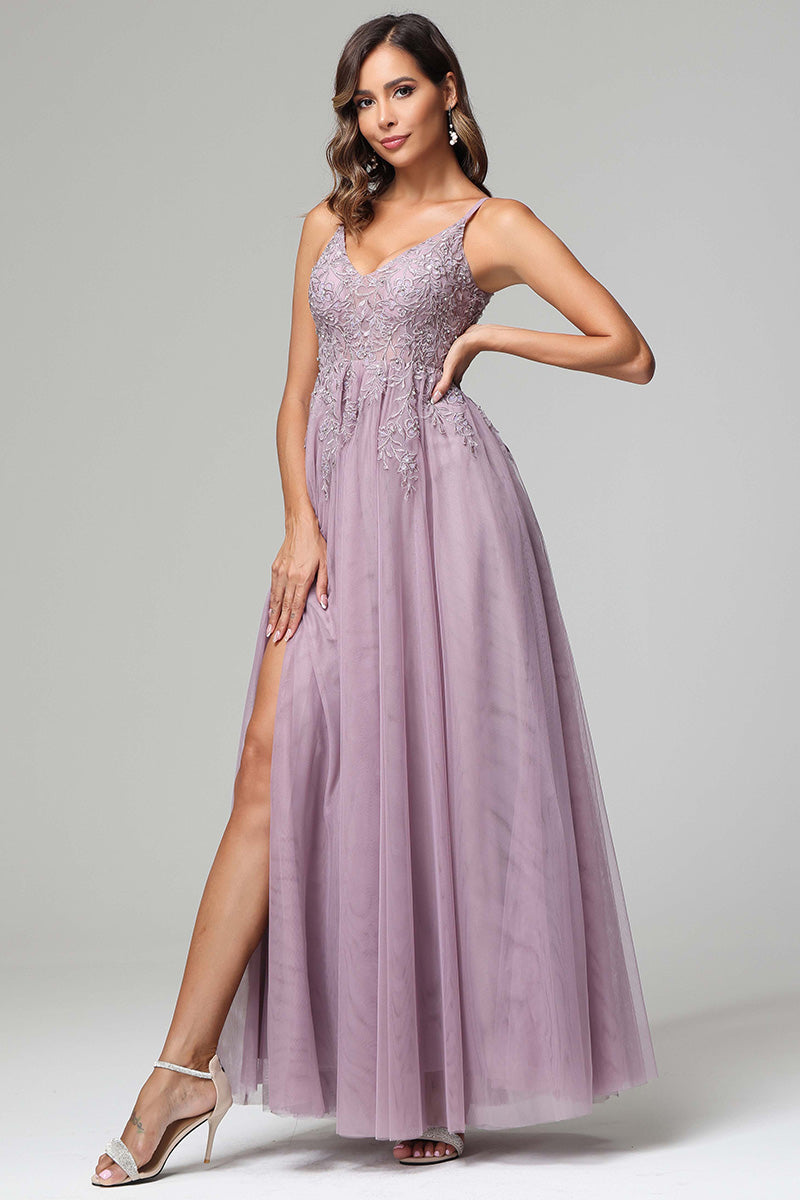 A-line Straps Lace Appliques V-back Tulle Prom Dress