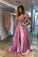 2021 A Line V Neck Satin Prom Dresses With Beading Sweep Train