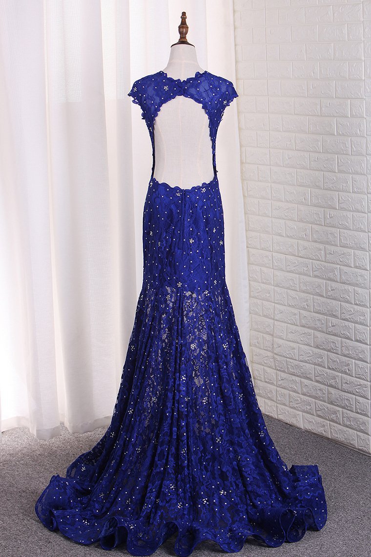 Sexy Open Back Mermaid Prom Dresses Scoop Lace With Beading