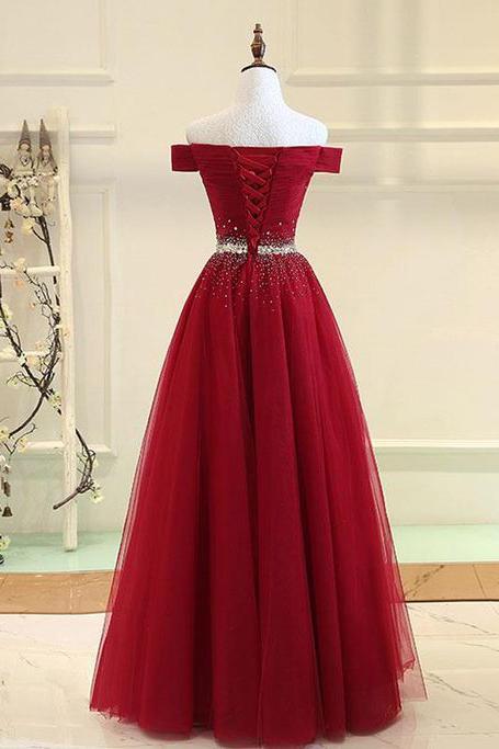 A Line Burgundy Off the Shoulder Lace up Tulle Sweetheart Long Prom Dresses SSM141