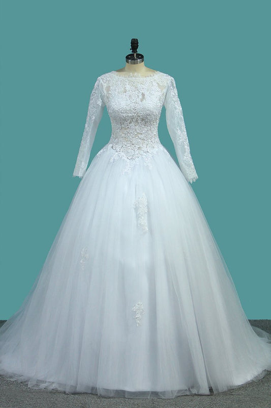 2021 Bateau Long Sleeves A Line Tulle Wedding Dresses With Applique Court Train