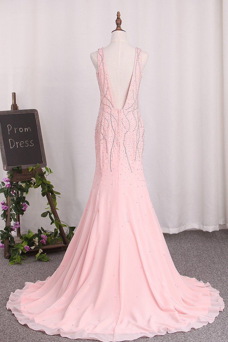 Open Back V-Neck Mermaid Chiffon With Beads And Slit Prom Dresses