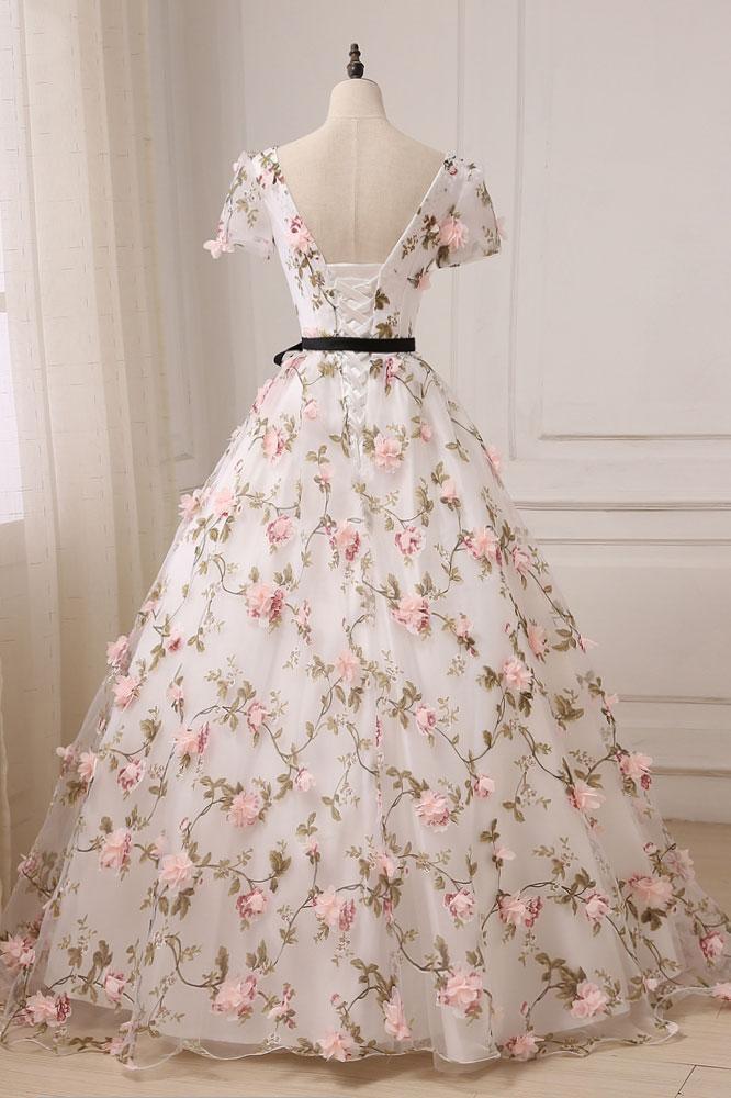 2022 Pink V-neck Long Cheap Beautiful Lace Short Sleeve Flowers Prom Dresses UK JS444