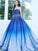 A Line Blue Strapless Sweetheart Ombre Sweep Train Ball Gown Beads Tulle Prom Dresses SSM891