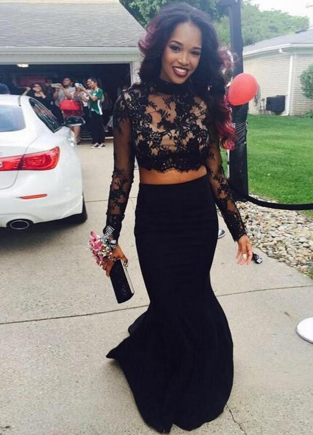 2 Pieces Black Long Sleeve Prom Dresses Mermaid Lace Prom Dress