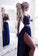 Two Piece V-Neck Floor-Length Royal Blue Stretch Satin Prom Dresses With Lace
