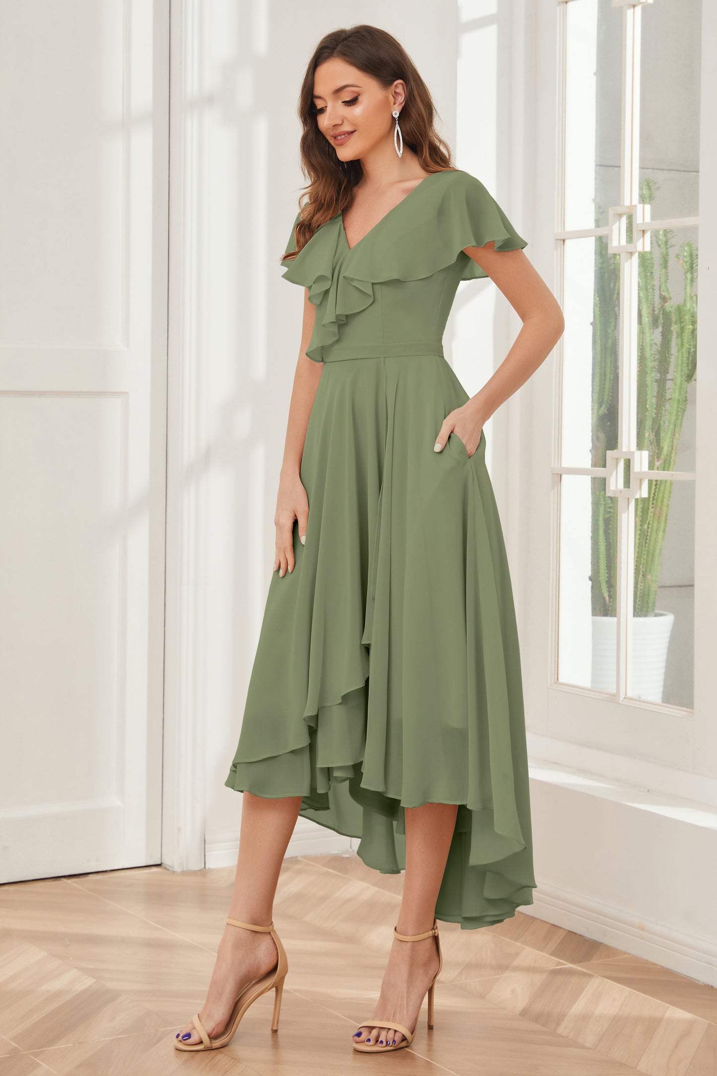 High Low Short Sleeves Bridesmaid Dresses with Pockets