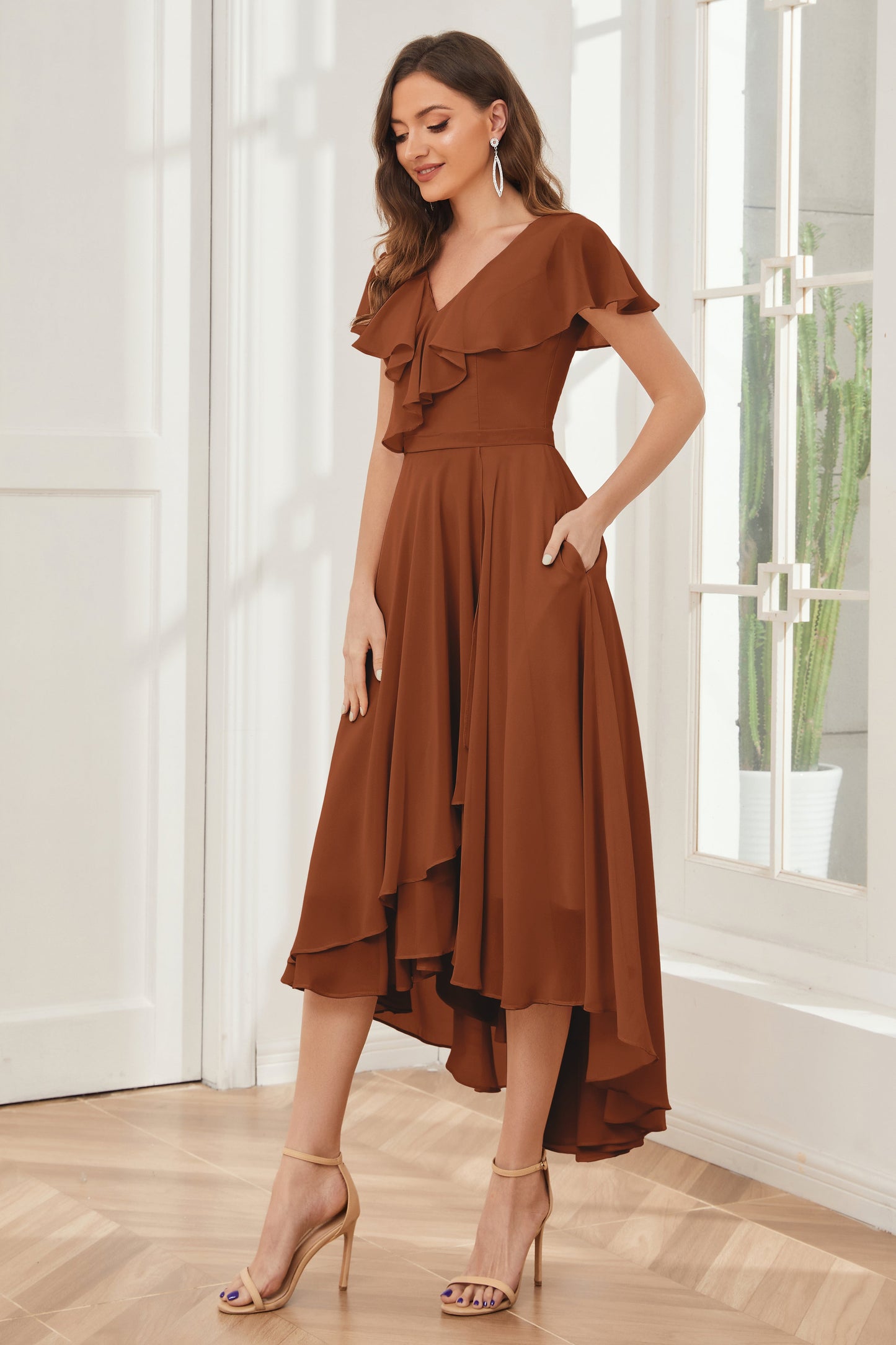 High Low Short Sleeves Bridesmaid Dresses with Pockets