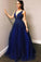 A Line Blue Tulle V Neck Prom Dresses with Beads Sleeveless Prom Dresses SSM871