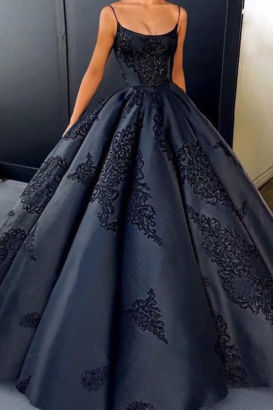 2021 Ball Gown Spaghetti Straps Navy Blue Vintage Cheap Long Prom Quinceanera Dresses SM113