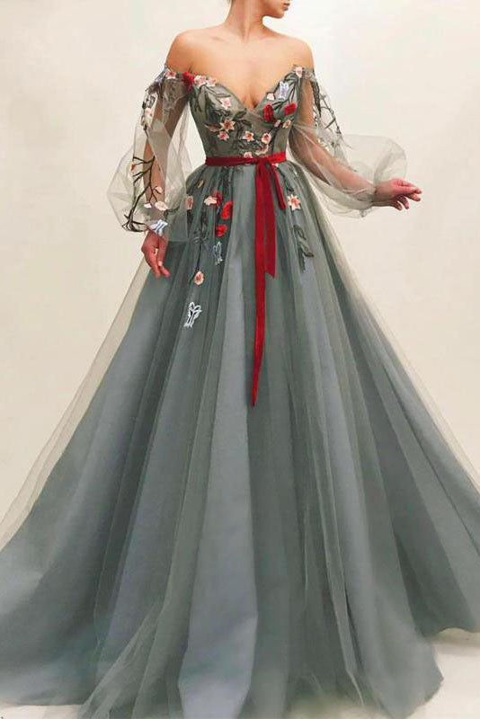 Off The Shoulder Long Sleeves A Line Tulle Long Prom Dresses With Flowers
