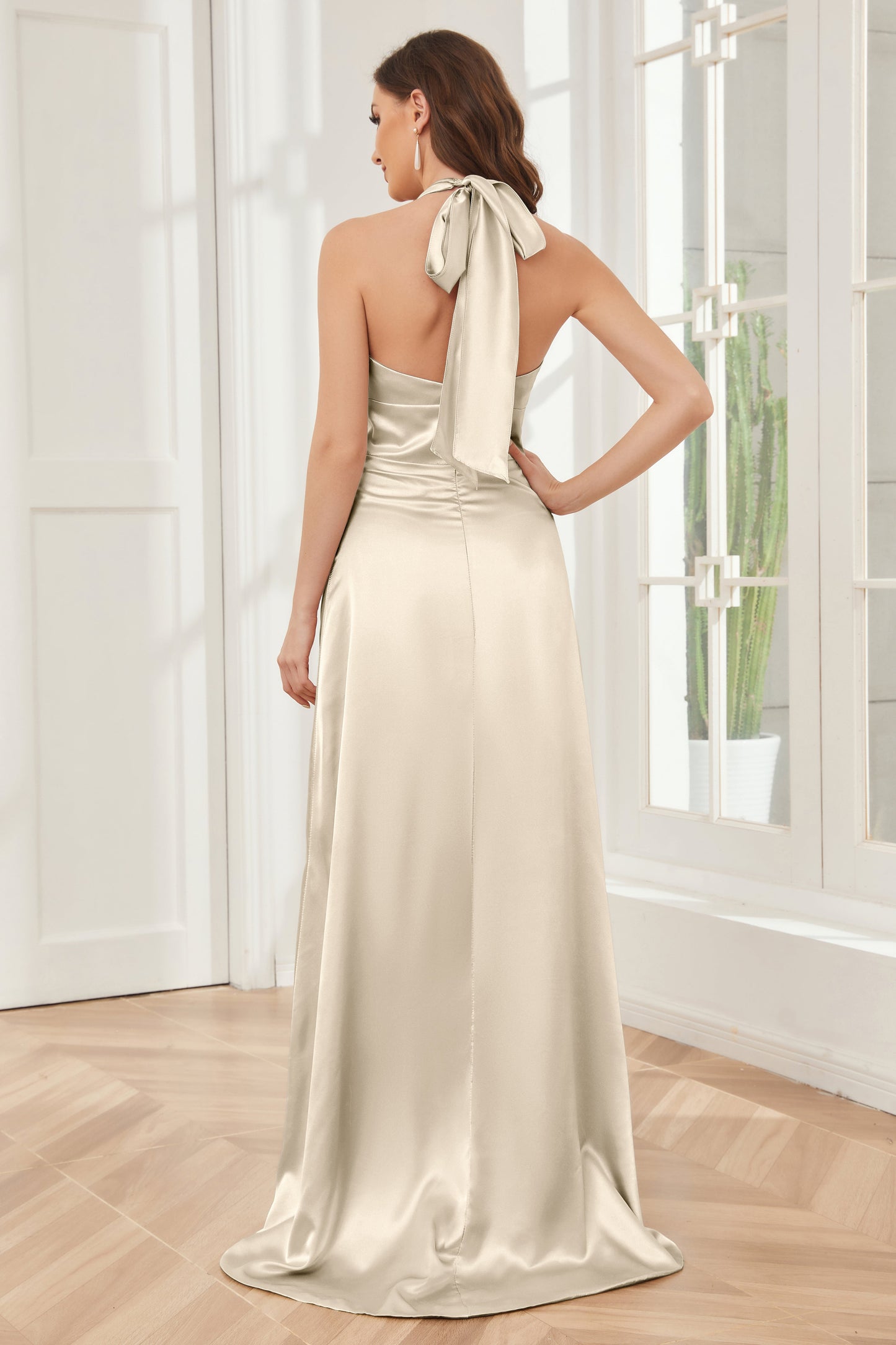 Sheath Halter Soft Satin Bridesmaid Dress with Slit