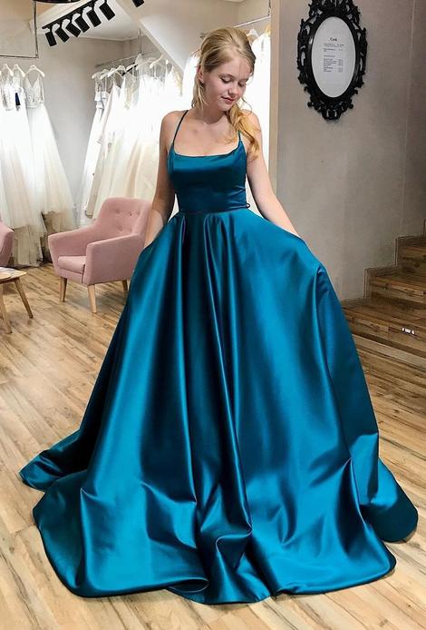 Ink Blue A-Line Satin Spaghetti Straps Pageant Dance Dresses School Party Gown Long Prom Dresses