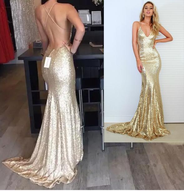 2021 Backless Sequin Mermaid Gold Long Custom Criss Cross Sleeveless Prom Dresses SM941