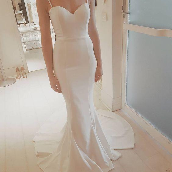 2021 Sexy Spaghetti Straps White Mermaid Custom Made Prom Party Dress Wedding Dress SSM760