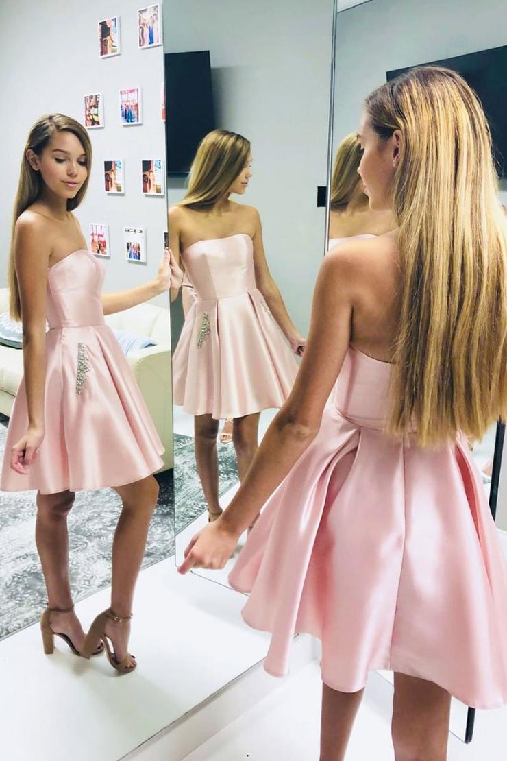 Simple Pink Sleeveless A Line Satin Short Homecoming Dresses