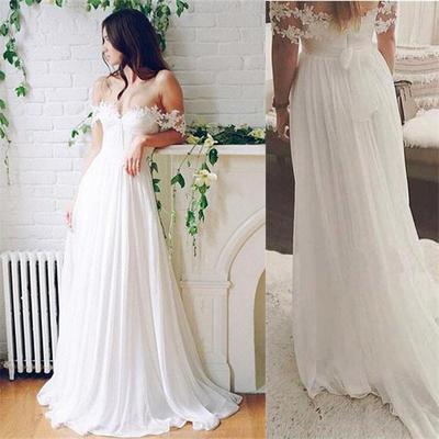 A Line Chiffon Sweetheart Lace Off the Shoulder Beach Wedding Dresses with Pleats SSM276