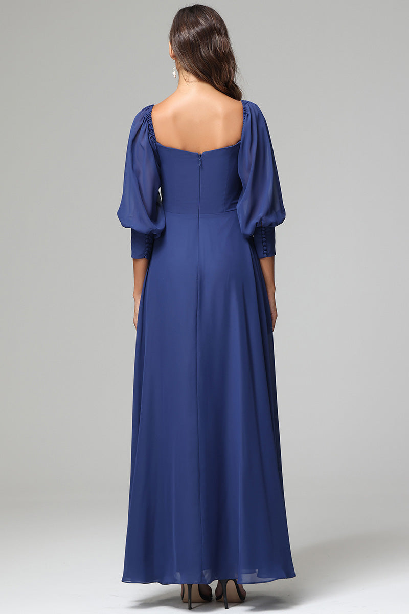 Square Neck 3/4 Sleeves Chiffon Bridesmaid Dresses with Slit