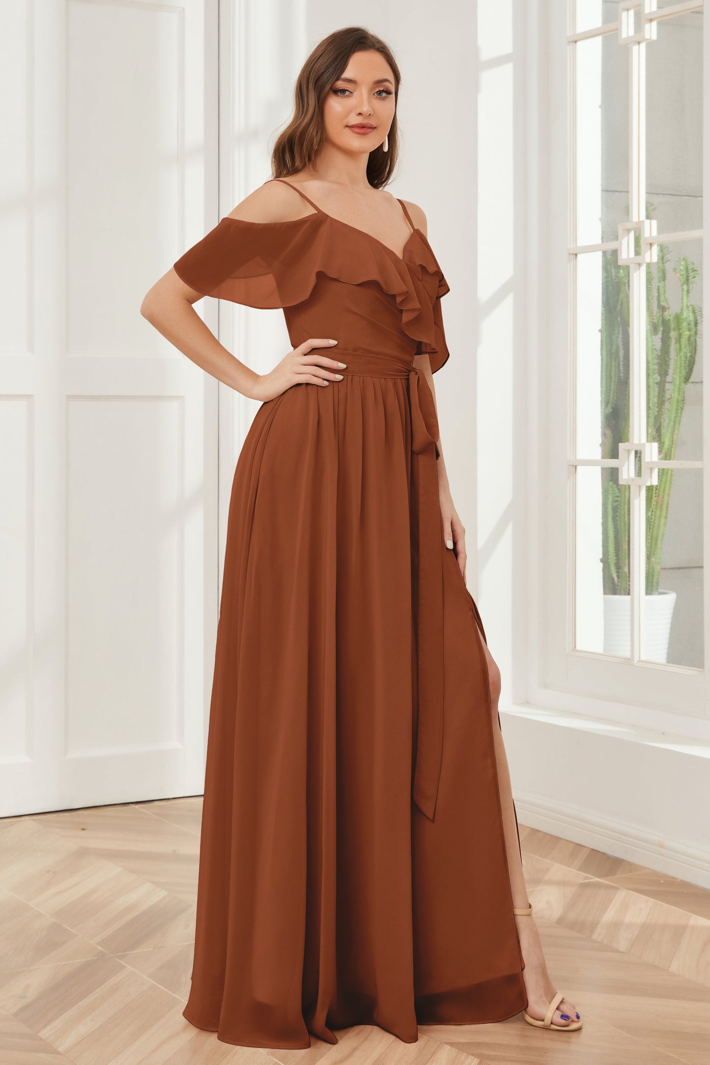 Off the Shoulder Ruffles Chiffon Bridesmaid Dresses with Slit