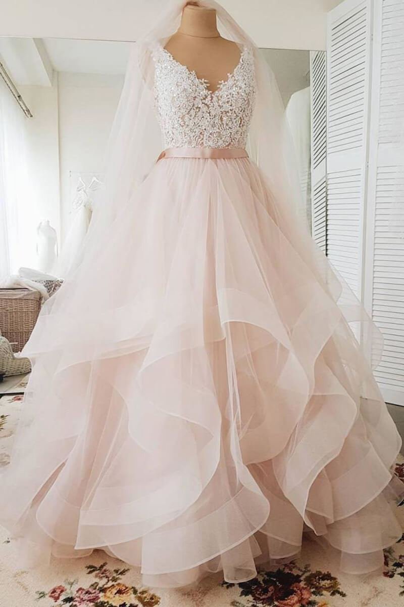 A Line Blush Pink Lace Sweetheart Backless Multi-Layered Organza Beach Wedding Gowns SSM231