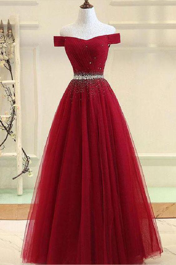 A Line Burgundy Off the Shoulder Lace up Tulle Sweetheart Long Prom Dresses SSM141