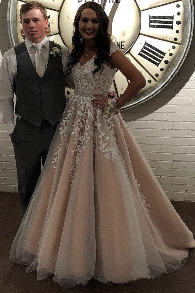 A Line Cheap Nude Quinceanera Dress Lace Appliques Cap Sleeve Beaded Prom Dresses SSM238
