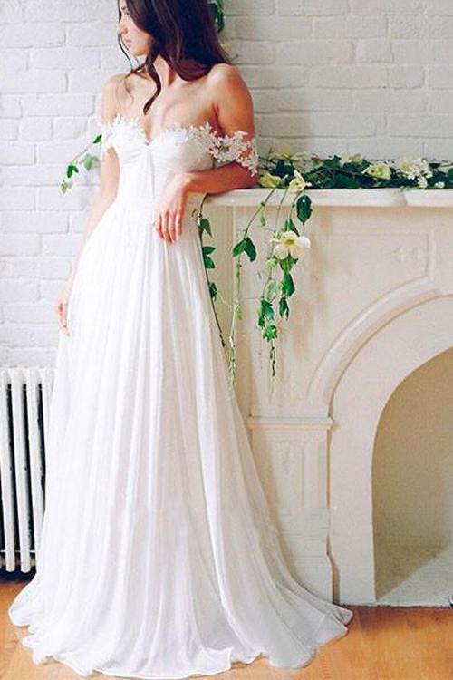 A Line Chiffon Sweetheart Lace Off the Shoulder Beach Wedding Dresses with Pleats SSM276