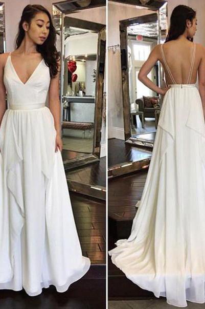 2021 Simple Cheap Sexy Ivory A-line Chiffon V-Neck Sleeveless Ruffles Backless Wedding Dress SSM864