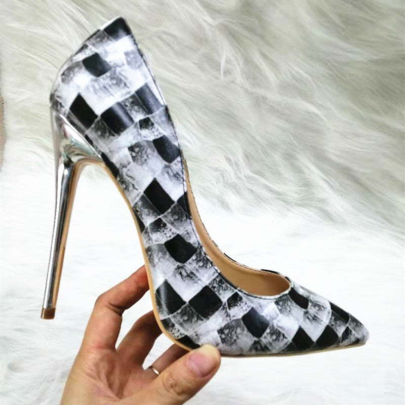 High Heels with black-and-white plaid pattern Fashion Women Party Shoes