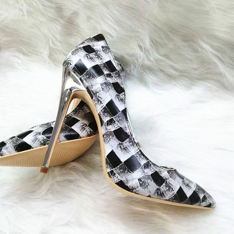 High Heels with black-and-white plaid pattern Fashion Women Party Shoes