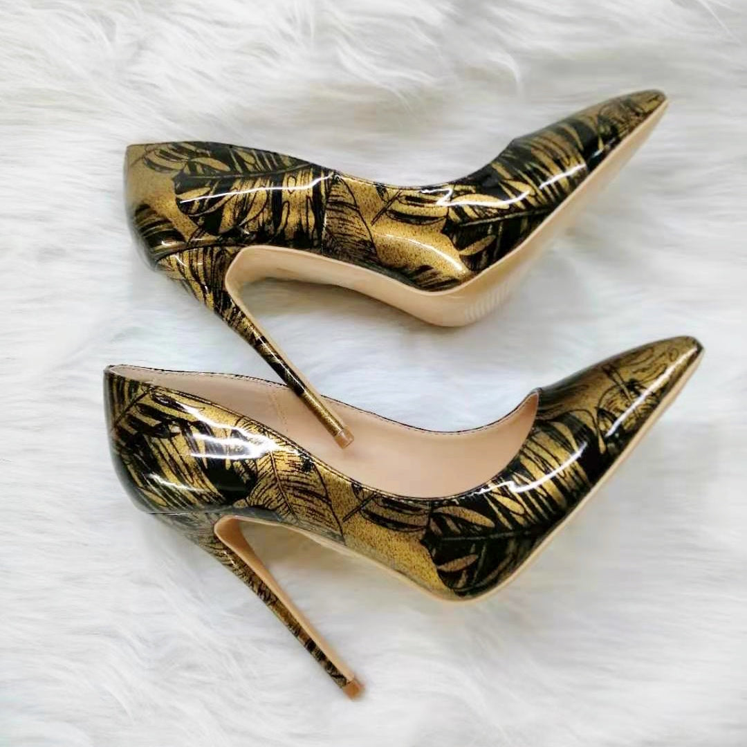 High-heels with gold and black Patterns Fashion Women Party Shoes