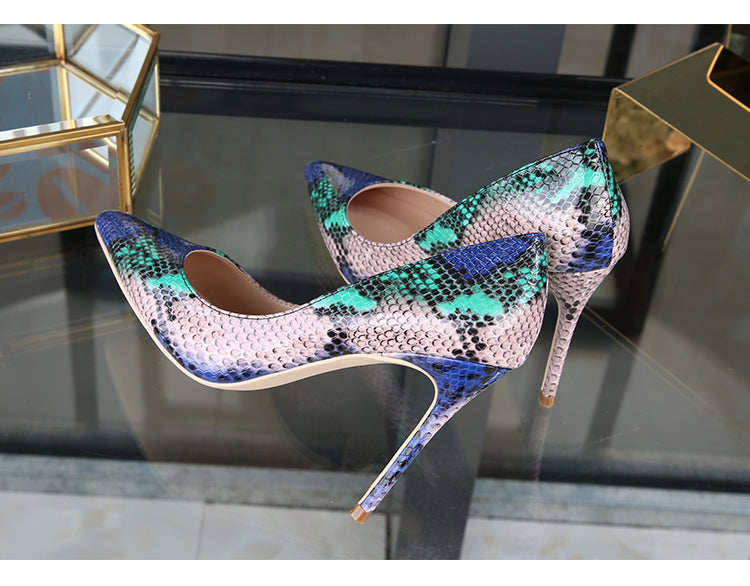 High-heels with Multi-colored Snakeskin Pattern Fashion Women Party Shoes